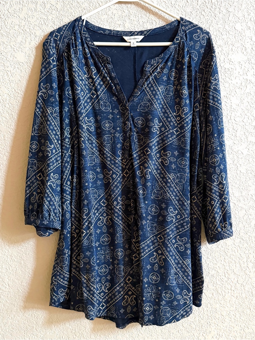 Lucky Brand Shirt Womens 1X Blue Boho Paisley Print 3/4 Sleeve Tunic Top Flowy